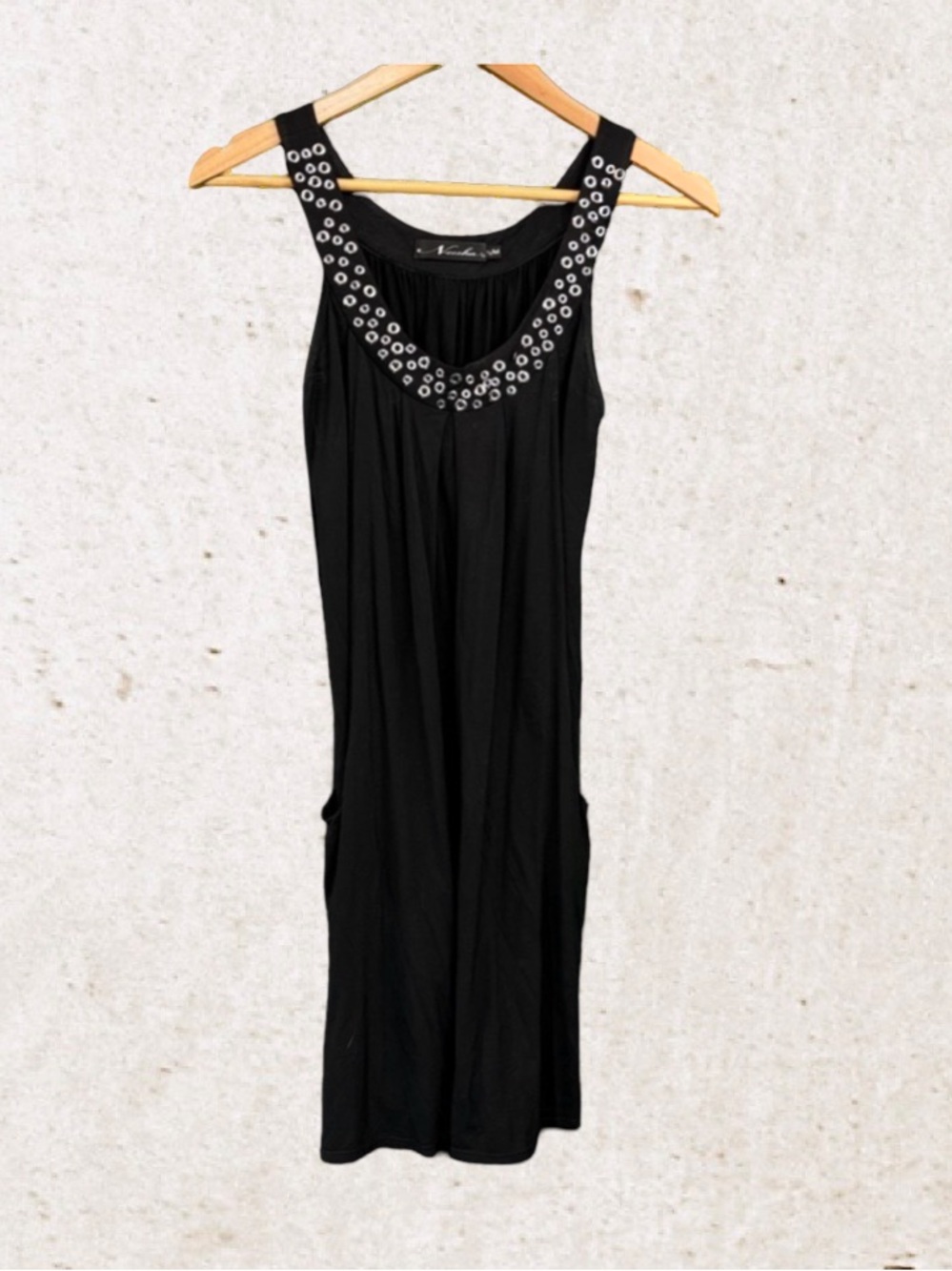 Black Sleeveless Mini Dress with Silver Ruched Embellishments